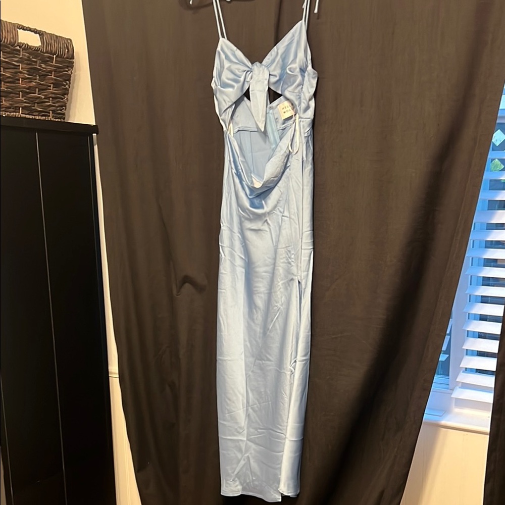 Hello Molly Light Blue Satin Dress with Bow Detail